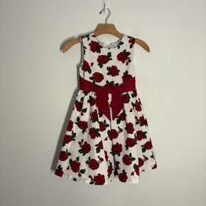 Crazy 8 Girls Dress Size 7 White Red Roses Floral Print Bows 100% Cotton Party